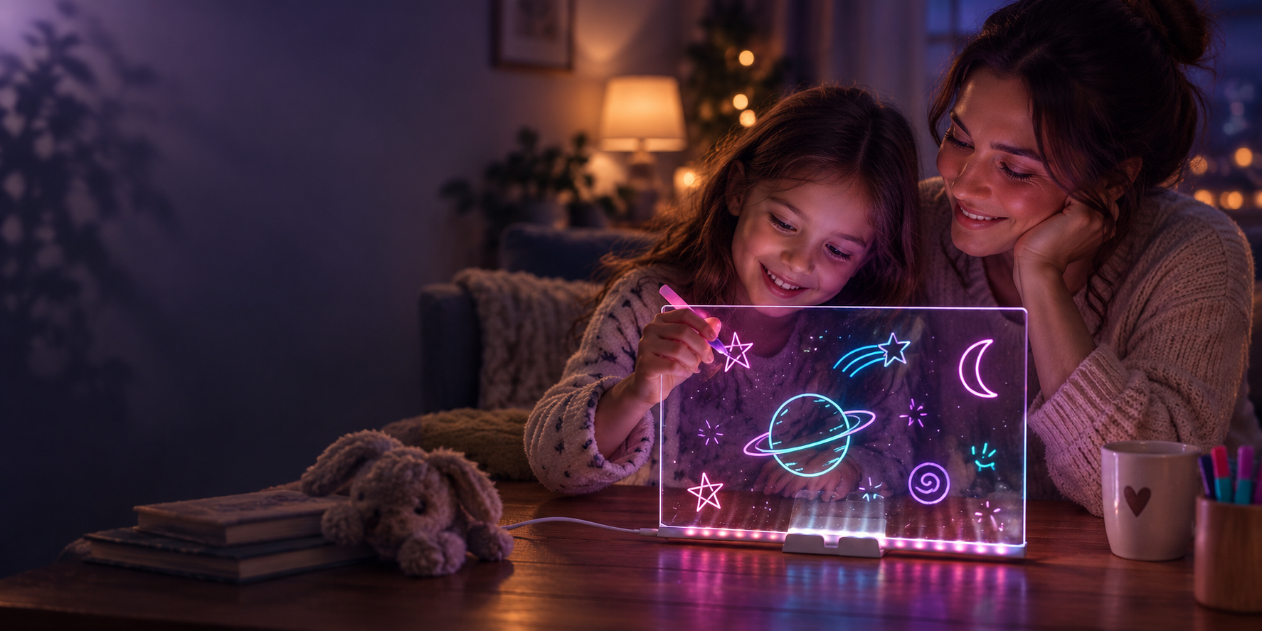 Mamá y niña dibujando con la pizarra mágica LED GlowBoard